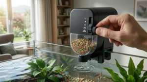 Illustration showing an adjustable slider on a fish feeder to control food portion sizes for small and large aquariums.