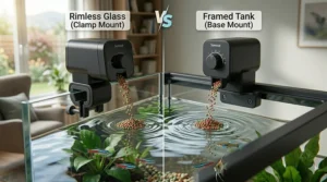 Illustration of two mounting styles for automatic fish feeders, including a clamp for rimless tanks and a base mount for flat hoods.
