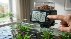 Illustration showing a digital timer interface on an automatic fish feeder for scheduling daily feedings.