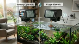 Visual comparison of a battery-operated fish feeder versus a plug-in electric model for an aquarium.