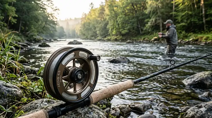 A premium aircraft-grade aluminum centerpin fishing reel mounted on a long float rod by a river. Best Centerpin Fishing Reels