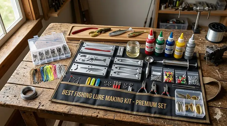 A comprehensive professional fishing lure making kit featuring soft plastic molds, vibrant dyes, and hooks on a wooden table. Best Fishing Lure Making Kits