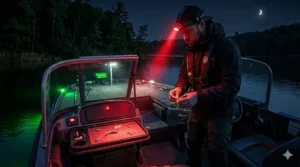 An angler wearing a waterproof headlamp with a red light setting to preserve night vision while rigging a lure.