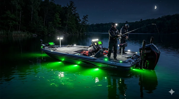 A professional bass boat at night using the best night fishing lights to illuminate the surrounding green water.