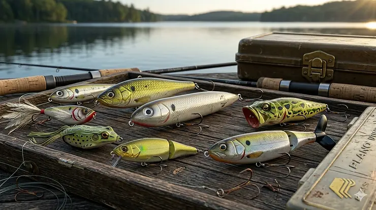 A professional selection of the best topwater fishing lures including walking baits, poppers, and frogs displayed on a wooden surface by a lake.