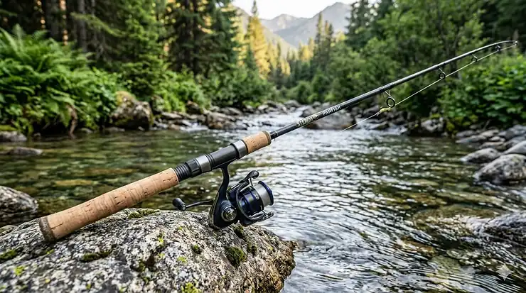 A premium ultralight fishing rod and spinning reel resting on a mossy boulder beside a clear mountain stream. Best Ultralight Fishing Rods