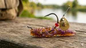 A specialized catfish dip bait worm rigged on a treble hook ready for heavy scent application.