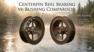 Comparison layout showing high-speed ball bearings versus traditional bushings in centerpin reel construction.