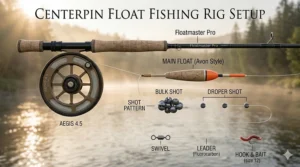 Illustration of a complete centerpin float fishing rig with mainline, shotting pattern, and leader.