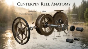 Detailed diagram showing the components of a centerpin reel including the spool, backplate, and bearings.