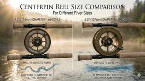 Side-by-side scale comparison of 4.5 inch and 5 inch diameter centerpin reels for different river sizes.