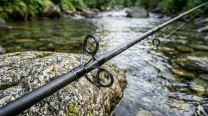 Macro detail of high-quality Fuji SiC ceramic guides on a carbon fiber ultralight rod blank.
