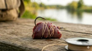 Fresh chicken livers secured to a circle hook using bait thread for channel catfish fishing.