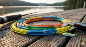 Close-up of metered lead core fishing line showing the distinct color changes every ten yards for depth control.