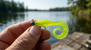 Illustration showing the swimming action of chartreuse curly tail grub fishing lures for crappie and perch.