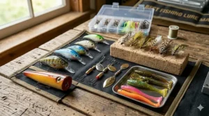 A variety of custom-made lures including poppers and jigs created using a top-rated making kit.