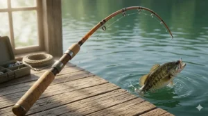 Illustration showing the deep parabolic bend of a fiberglass fishing rod under heavy load.