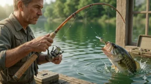 Illustration of a fiberglass rod being used for crankbait fishing to allow for a slower hook set.