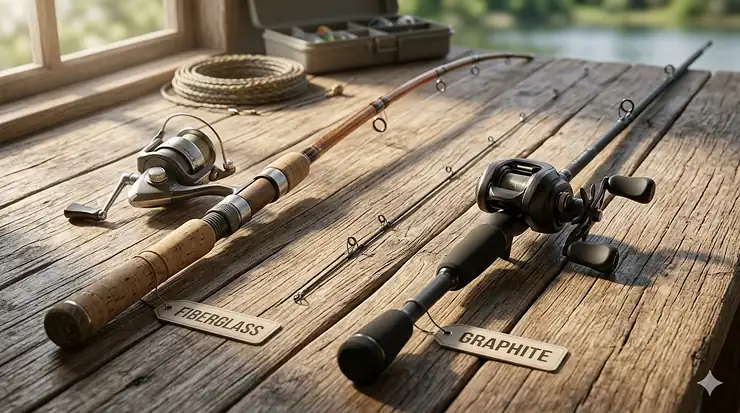A side-by-side comparison of a translucent fiberglass fishing rod and a sleek matte black graphite fishing rod. Fiberglass vs Graphite Fishing Rods