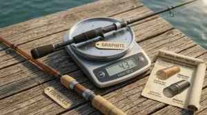 A weight comparison graphic showing a lightweight graphite rod vs a heavier fiberglass rod on a scale.