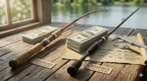 An infographic comparing the budget-friendly price of fiberglass rods versus the premium cost of high-end graphite.