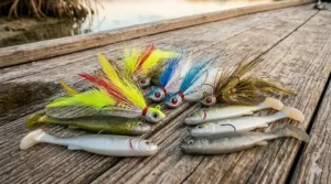 Illustration of colorful flair hawk jigs, a popular snook fishing lure for inlets and bridges.
