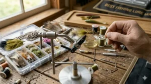 A precision fly tying vise holding a hook with feathers and thread for trout fishing lures.