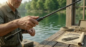 An angler using a high-modulus graphite rod for precision jigging and bottom contact.