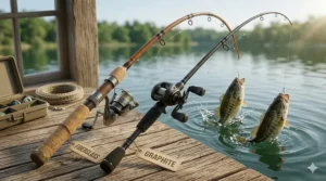 A diagram illustrating how graphite rods transmit subtle vibrations from a fish strike to the angler's hand.