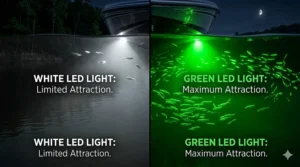 A comparison chart showing why green LED lights are the best night fishing lights for attracting plankton and baitfish.