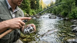 Close-up of a fisherman landing a trout, showing the deep bend and flexible action of an ultralight fishing rod.