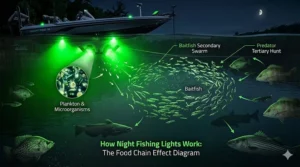 An infographic showing how night fishing lights attract microscopic plankton, followed by baitfish and predator fish.