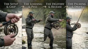 Step-by-step illustration of a fisherman performing a Wallis cast with a centerpin reel.
