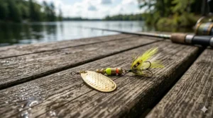 Illustration of an inline spinner lure with a gold blade and dressed treble hook for perch and crappie.