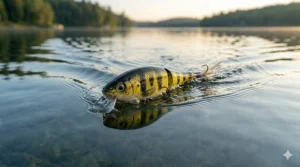 A jointed topwater wake bait lure creating a prominent V-shaped wake while swimming across the surface.