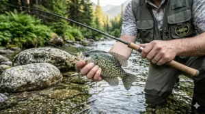 An angler holding a black crappie catch next to a flexible ultralight rod in a stream.