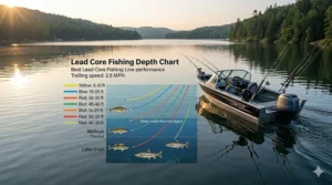 An infographic chart illustrating the sink rate and depth of lead core fishing line based on trolling speed.