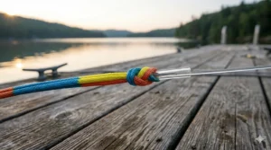 A clear demonstration of a Willis knot connecting a fluorocarbon leader to a lead core fishing line.