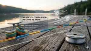 A comparison graphic showing the low-stretch properties of lead core fishing line versus standard monofilament for better hook sets.