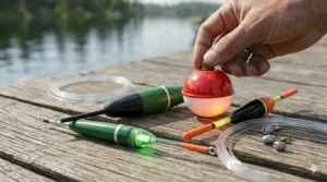 A variety of battery-powered LED lighted fishing floats for night fishing, including illuminated pencil, round, and waggler styles on a wooden dock.