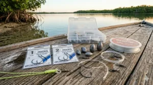 Graphic showing circle hooks, swivels, and egg sinkers used when fishing for snook with live bait.