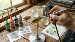 Using an airbrush to apply realistic scales and patterns to a hard plastic fishing lure.