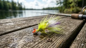 Illustration of colorful feather marabou jigs used for catching crappie and yellow perch.