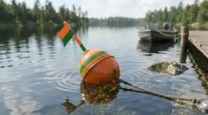 A large orange and green striped marker buoy fishing float bobbing on a gentle lake surface near submerged rocks to mark a fishing spot.