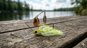 Illustration of a safety-pin style mini spinnerbait lure rigged for panfish like crappie and perch.