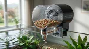 Diagram illustrating how a moisture-resistant automatic fish feeder keeps flake food dry and prevents clogging.