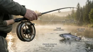 Illustration showing the correct hand position for palming the rim of a centerpin reel to control a running fish.