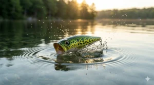 A photorealistic topwater popper lure creating a distinct splash and surface disturbance to attract predatory fish.