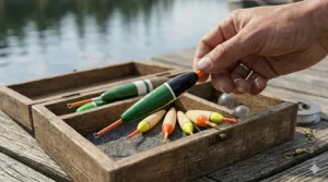 A close-up photograph of a hand selecting a long, green-and-black balsa wood pencil float with an orange tip from a felt-lined wooden tackle box tray.