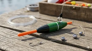 A detailed close-up of a slip float rigging setup featuring a balsa pencil float, a thread bobber stop, a glass bead, and split shot weights on a fishing line.